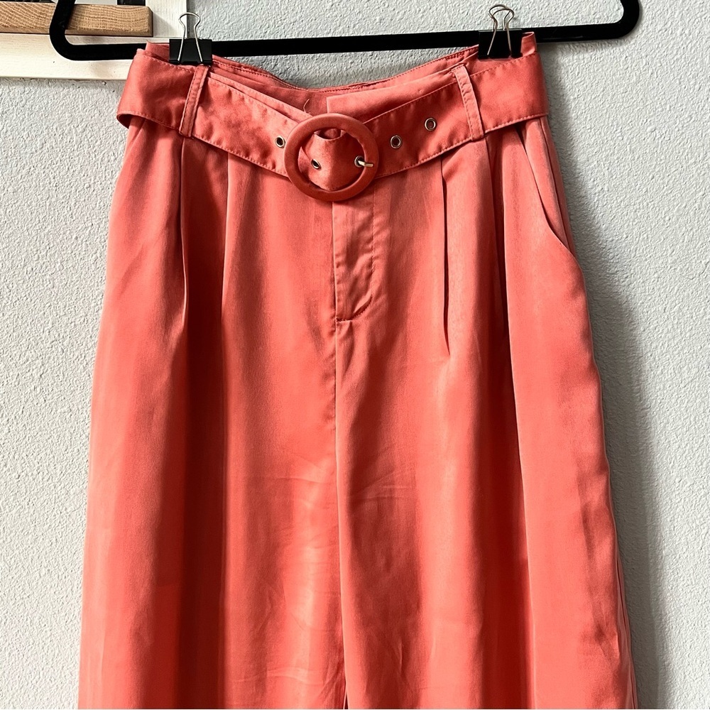 Vici Wide Leg Coral-Peach Silky Pants with Circular Buckle Belt - Picture 3 of 15